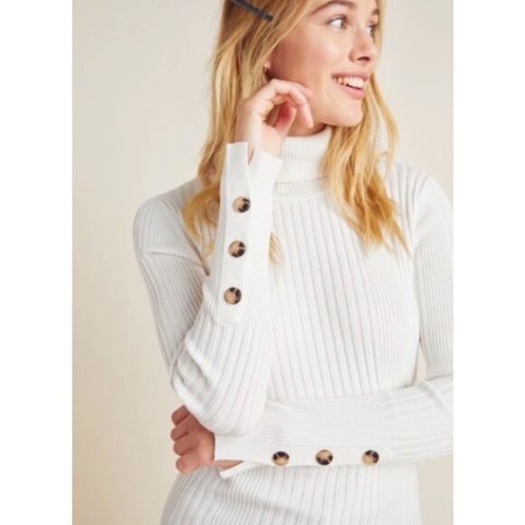 Anthropologie SZ M Cream Ribbed Turtleneck With Button Sleeve Details - Picture 2 of 6